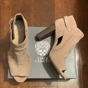 Vince Camuto Conley Suede Open Toe Buckle Booties